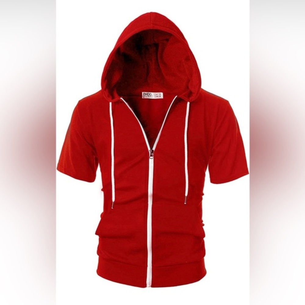 Slim Fit Short Sleeve Lightweight Red Zip-up Hoodie w/ Kanga Pocket NWOT​